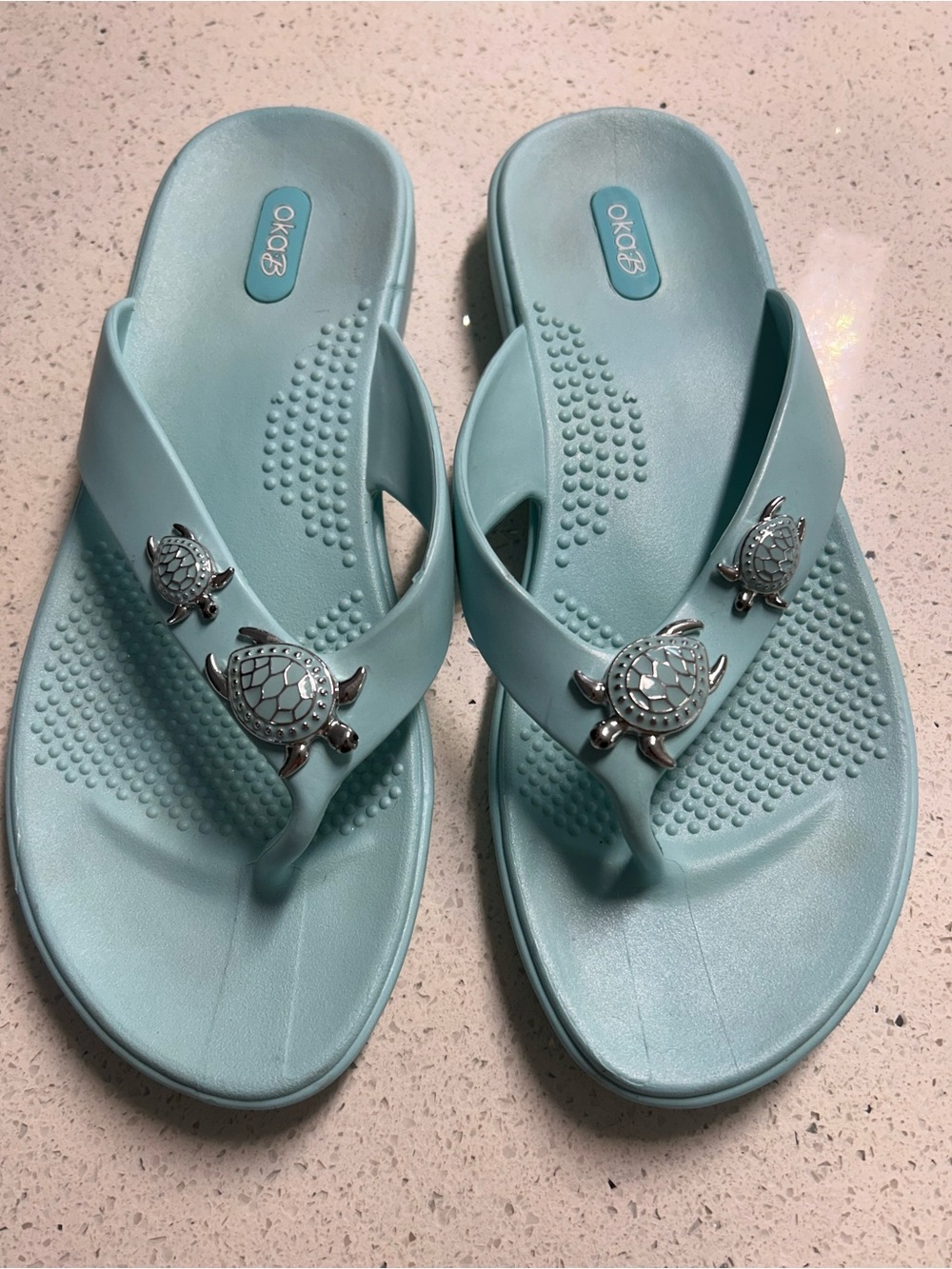 OKA b. Light Blue Turtle-Embellished Thong Sandals Size 8 - 8.5